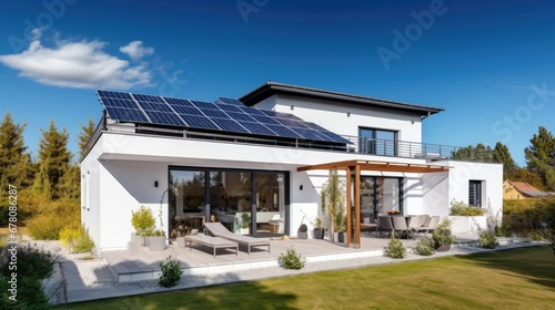 Modern house with solar panels on its roof and beautiful blue sky