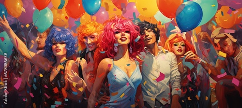 Vibrant Carnival Party with Colorful Guests and Red-Haired Woman