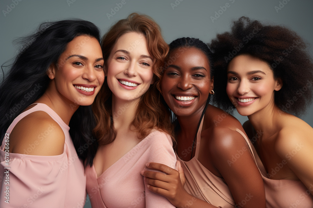 Sisterhood in Joy: Group of Happy Women with Different Skin Tones Smiling and Embracing Each Other, Radiating Positivity in a Studio Setting Sisterhood in Joy: Group of Happy Women with Different Skin Tones Smiling and Embracing Each Other, Radiating Positivity in a Studio Setting