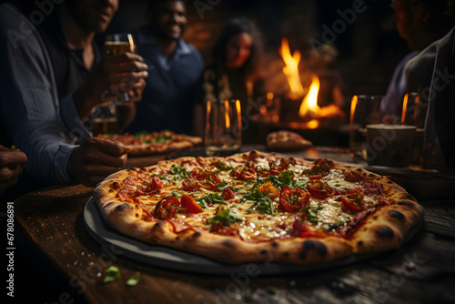 Delicious pizza being shared among friends.