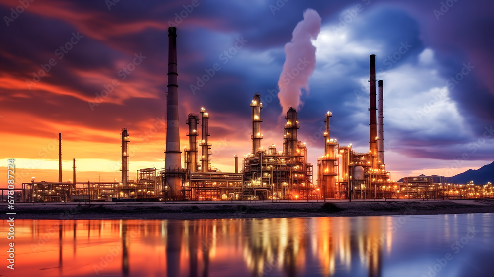 Petrochemical industry with beautiful sunset sky background.

