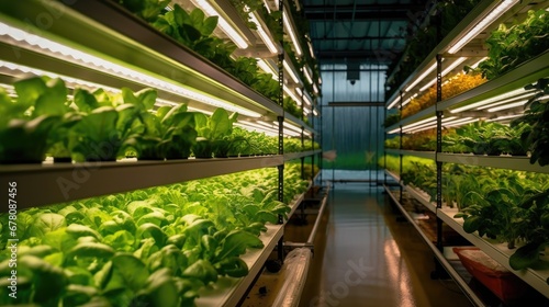 Organic hydroponic vegetable garden inside a warehouse. Salad vegetables. Soilless culture of vegetables. Plant factory. Lettuce farm growing in greenhouse. Generative AI