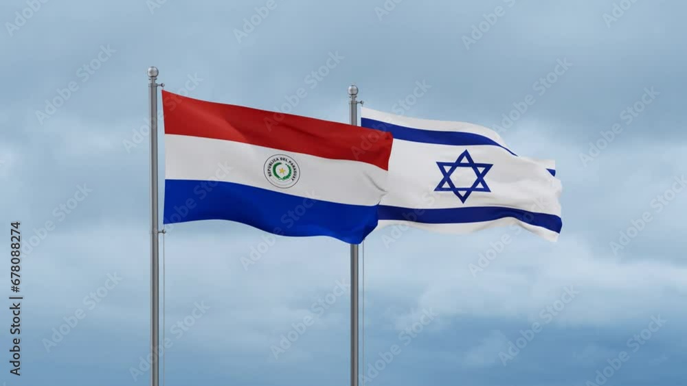 Israel flag and Paraguay flag waving together on cloudy sky, endless seamless loop, two country relations concept Israel flag and Paraguay flag waving together on cloudy sky, endless seamless loop, two country relations concept
