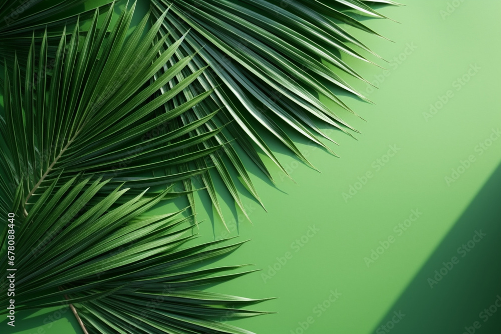 Palm leaves on a green background or surface with shadow and sunlight, aesthetic look Palm leaves on a green background or surface with shadow and sunlight, aesthetic look