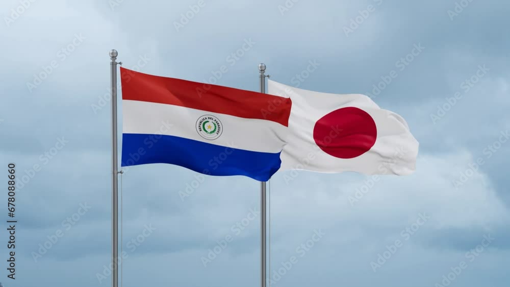 Japan flag and Paraguay flag waving together on cloudy sky, endless seamless loop, two country relations concept Japan flag and Paraguay flag waving together on cloudy sky, endless seamless loop, two country relations concept