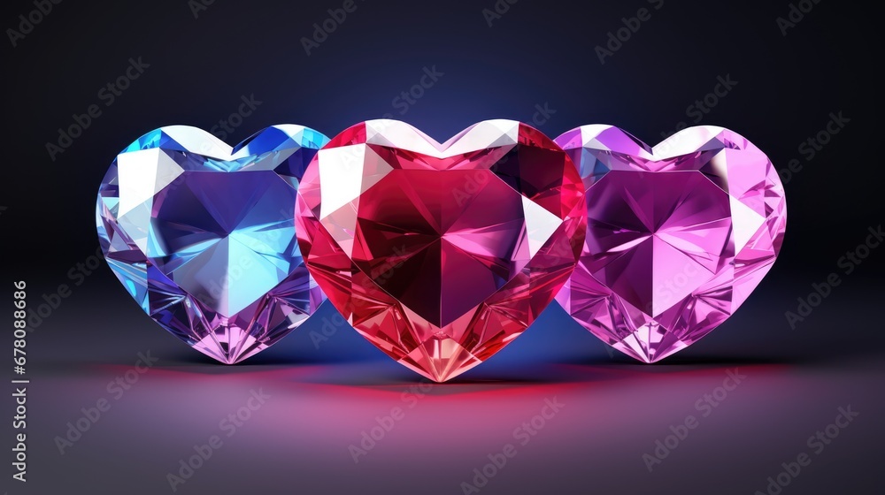Multicolor Crystal heart background. Valentines Day, wedding concept. Symbol of love. Diamond gemstones crystalline hearts semi precious jewelry. For greeting card, banner, flyer, party invitation..