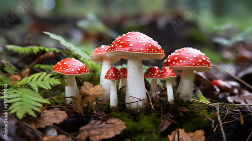 An up-close image of whimsical red and white toadstool mushrooms, reminiscent of scenes from a magical storybook.