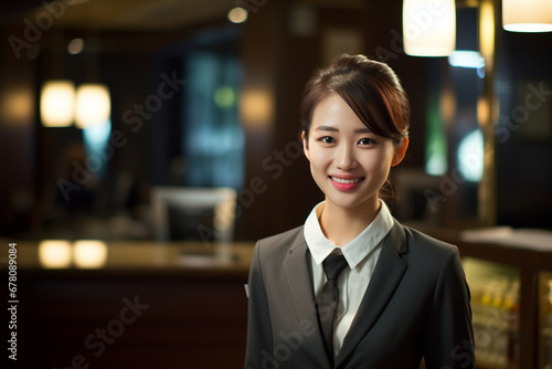 Service with a Smile  The Friendly Demeanor of a Young Asian Woman  Serving as a Hotel Receptionist  Promising Guests a Stay Full of Comfort and Courtesy