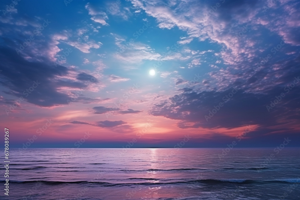 Panorama view of the sea, Colorful sky with cloud and bright full moon on seascape to night, soft light photography