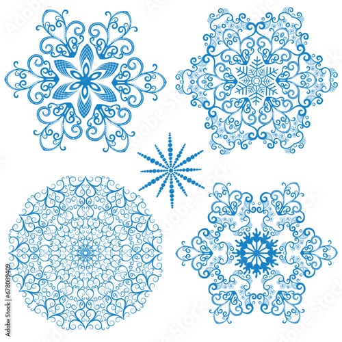 Vector set monochrome blue lace snowflakes. Isolated on transparent background