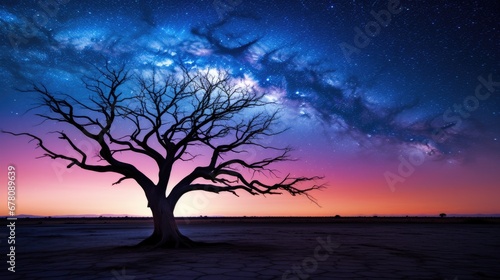 Silhouette of dry tree in desert at night with amazing milky way © theupperclouds