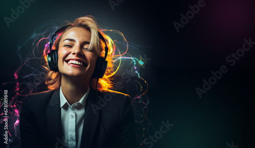 Young smiling girl listening to music. Headphones on the head. E-book and podcast. © Jakub