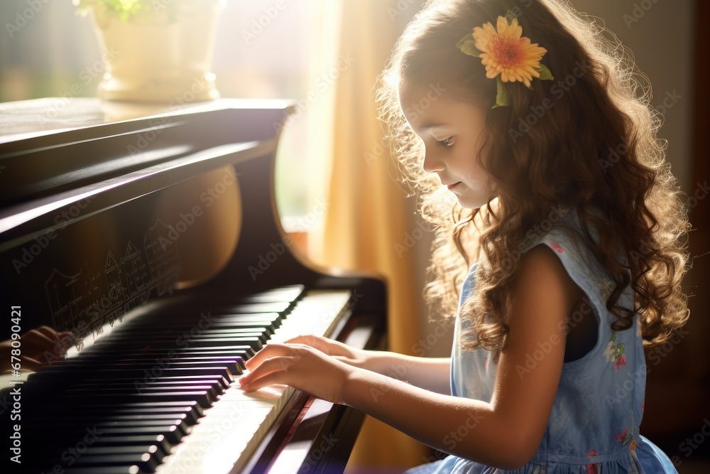 Little Caucasian girl earnestly learns to play scales on piano from music notebook on piano. Small female student learns to play piano to develop fully in music school. - obrazy, fototapety, plakaty 