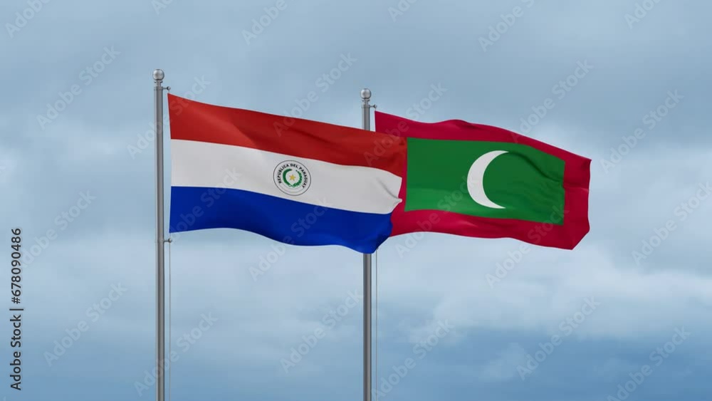 Maldives flag and Paraguay flag waving together on cloudy sky, endless seamless loop, two country relations concept Maldives flag and Paraguay flag waving together on cloudy sky, endless seamless loop, two country relations concept