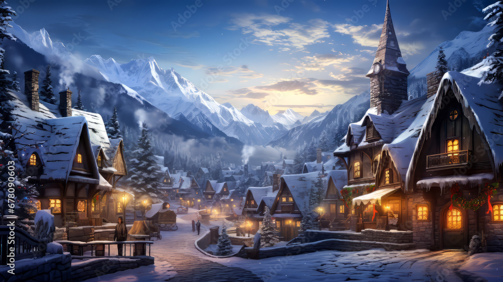 Winter Wonderland Village Scene. Generated Image. A digital rendering of a snow covered mountain village with a winter wonderland theme. Winter Wonderland Village Scene. Generated Image. A digital rendering of a snow covered mountain village with a winter wonderland theme.