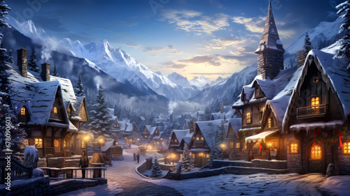 Winter Wonderland Village Scene.  Generated Image.  A digital rendering of a snow covered mountain village with a winter wonderland theme. photo