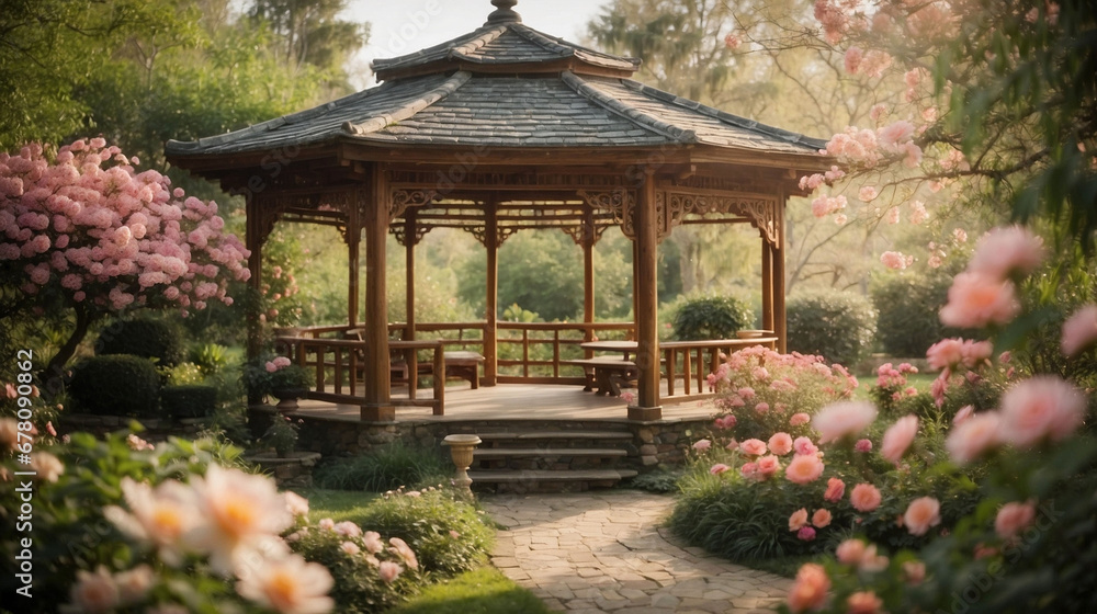 Gazebo in a blooming garden, tea house, calm atmosphere, relaxation and meditation. Flowers, trees and plants, summer nature.