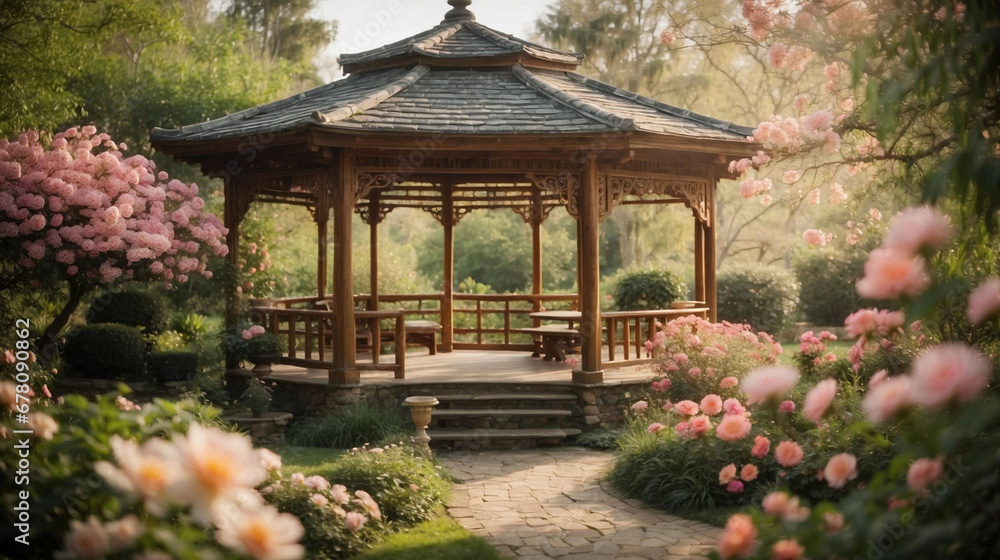 Gazebo in a blooming garden, tea house, calm atmosphere, relaxation and meditation. Flowers, trees and plants, summer nature. Gazebo in a blooming garden, tea house, calm atmosphere, relaxation and meditation. Flowers, trees and plants, summer nature.