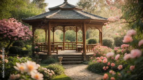 Gazebo in a blooming garden  tea house  calm atmosphere  relaxation and meditation. Flowers  trees and plants  summer nature.
