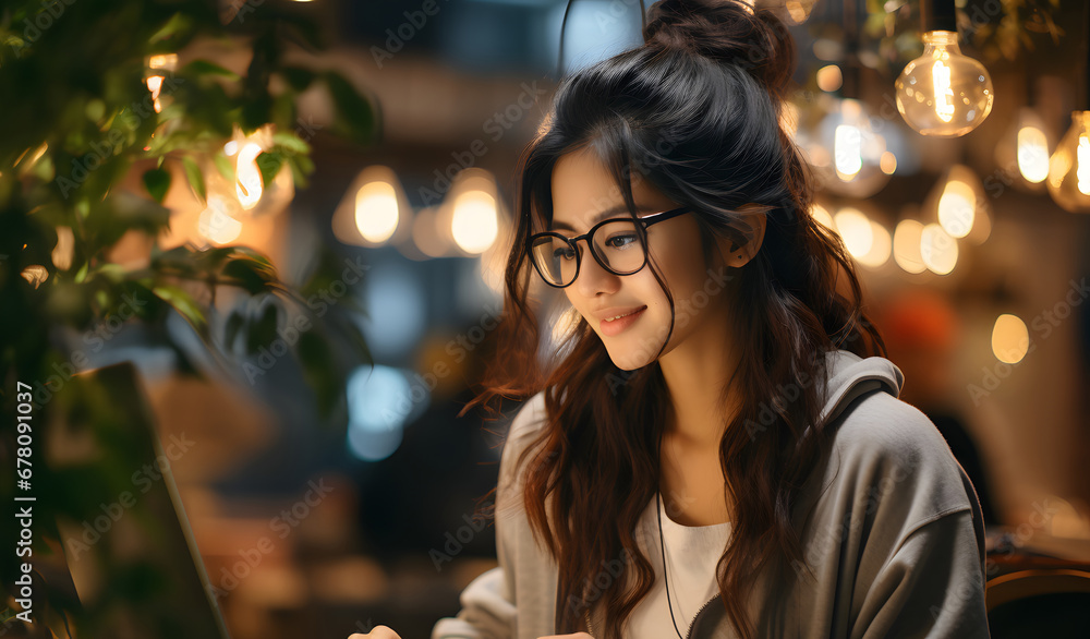Chinese female student working on a laptop in a cozy cafe. Chinese female student working on a laptop in a cozy cafe.