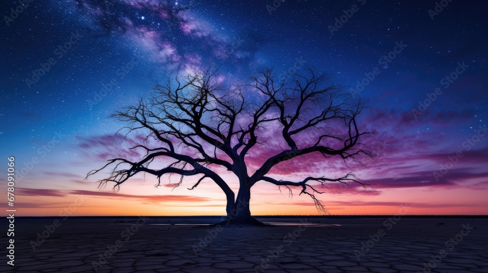 Silhouette of dry tree in desert at night with amazing milky way Silhouette of dry tree in desert at night with amazing milky way