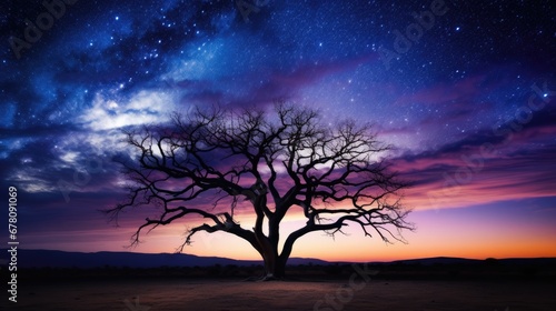 Silhouette of dry tree in desert at night with amazing milky way