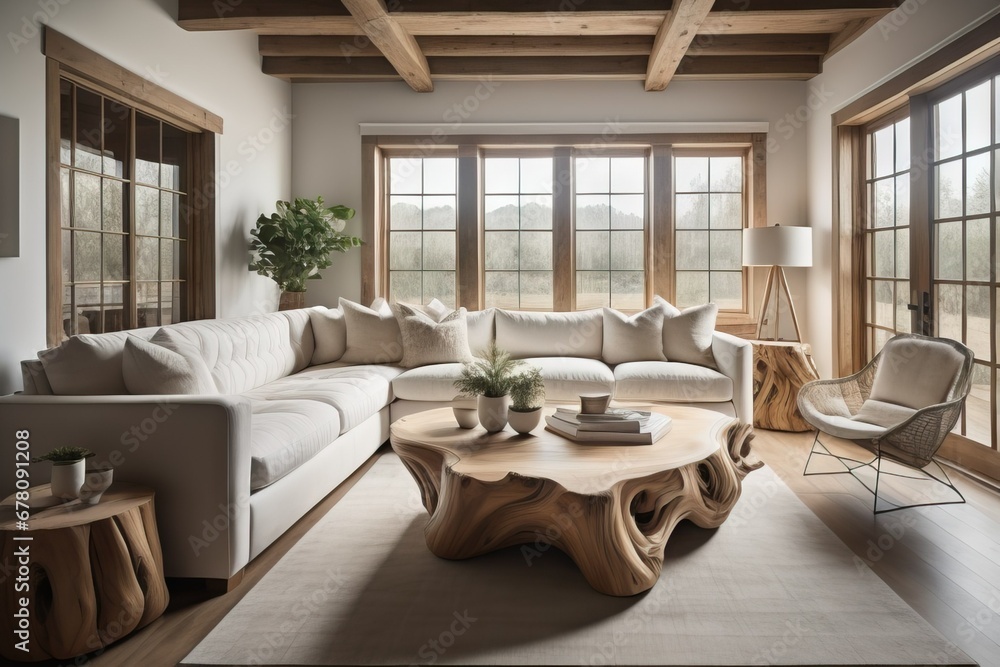 Fototapeta premium Live edge wooden coffee table near corner sofa. Interior design of modern living room in farmhouse 