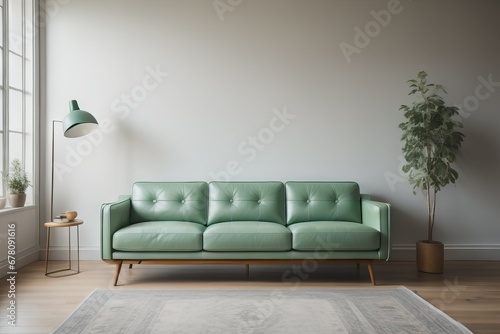  Light green leather sofa against wall with copy space. Mid-century, retro, vintage style home interior design of modern living room