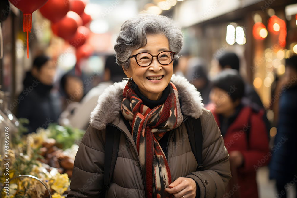Chinese senior woman visiting markets.