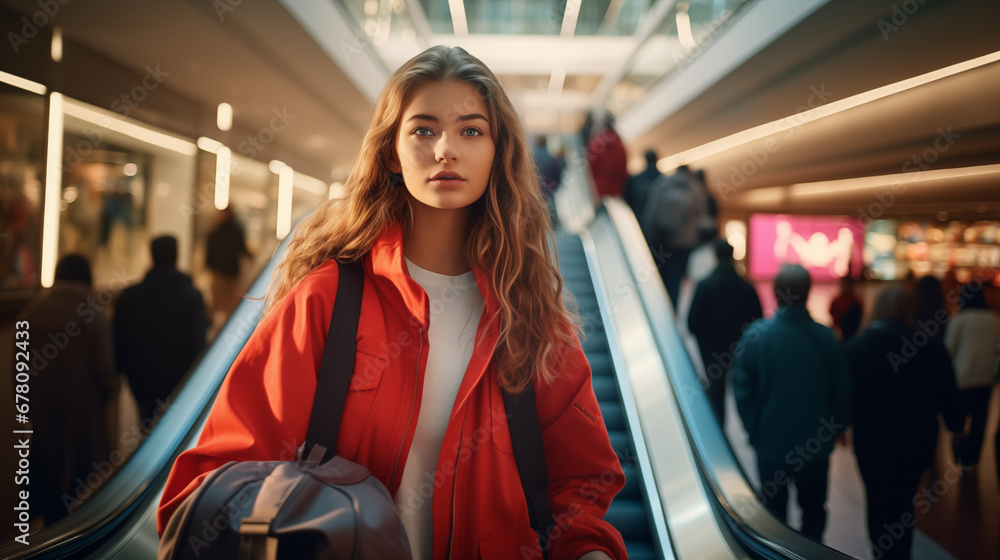 Young woman Shopping in a Bustling Mall, Escalators with Blurred Crowd in the Background Young woman Shopping in a Bustling Mall, Escalators with Blurred Crowd in the Background