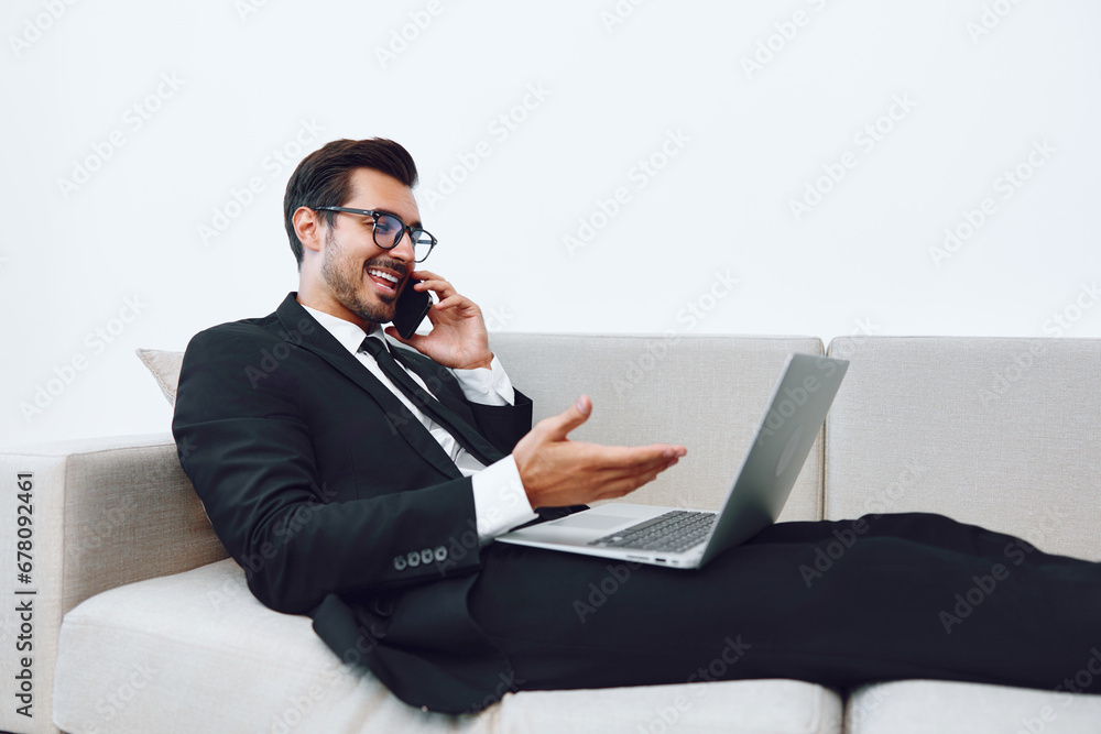 Man laptop talk computer phone businessman office Man laptop talk computer phone businessman office