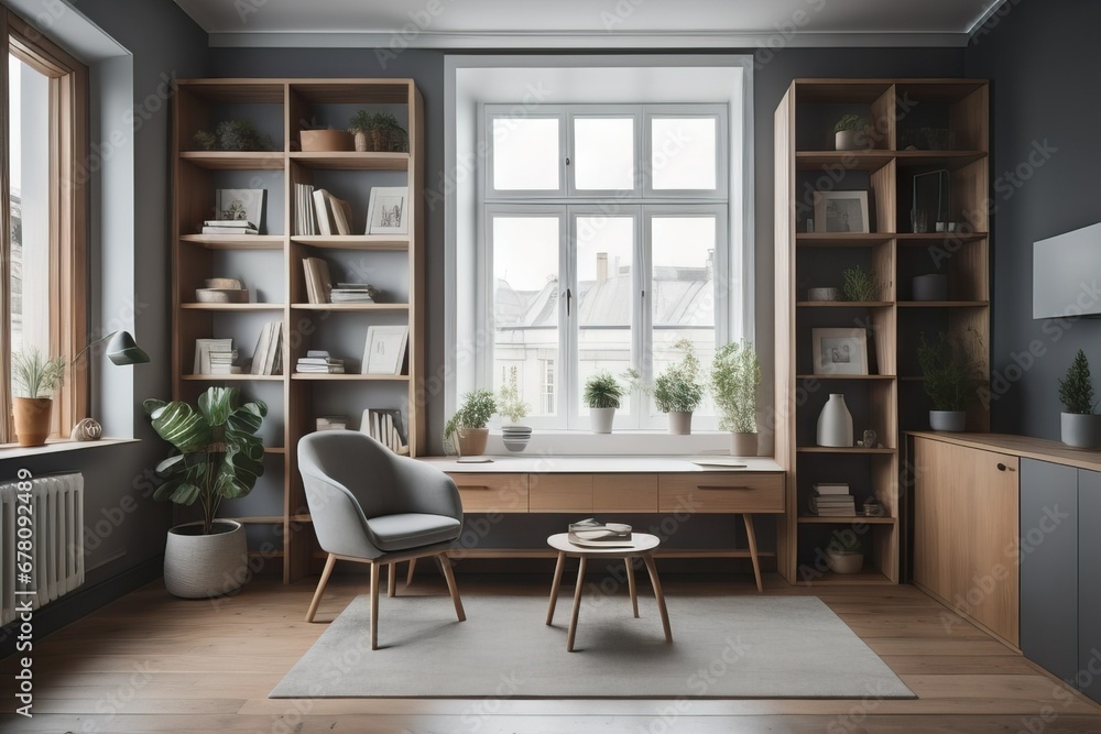 Grey barrel chair against of window and wooden shelving unit and cabinet on dark wall. Scandinavian style interior design of modern living room 