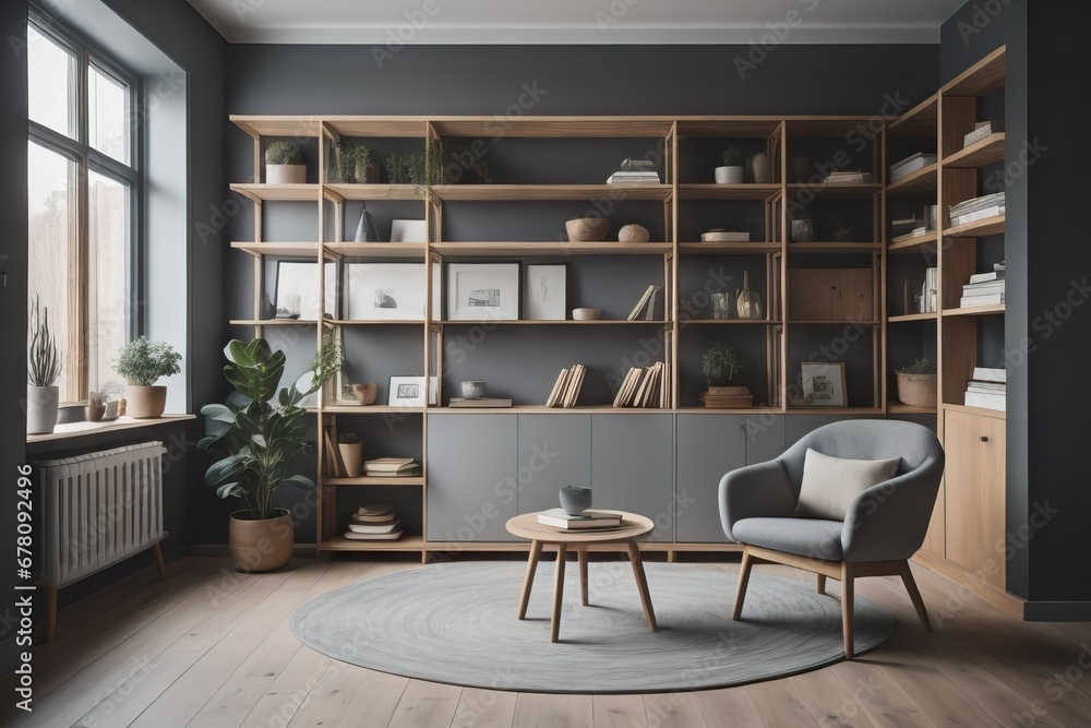 Grey barrel chair against of window and wooden shelving unit and cabinet on dark wall. Scandinavian style interior design of modern living room Grey barrel chair against of window and wooden shelving unit and cabinet on dark wall. Scandinavian style interior design of modern living room