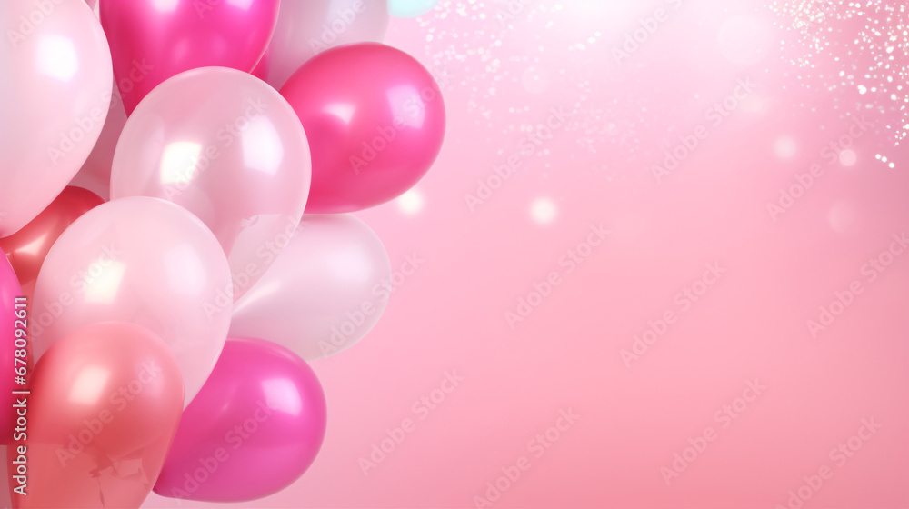 Pink balloons with helium on a pink abstract background. Concept of happy birthday, new year, party, wedding, valentine's day, love, happiness, joy, festival, holiday promotion banner.
