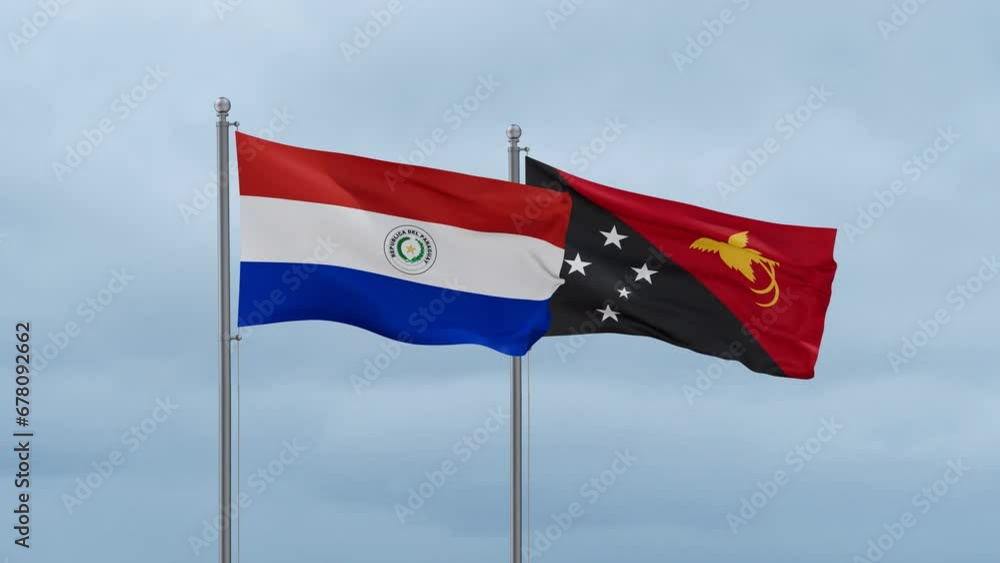 Papua New Guinea flag and Paraguay flag waving together on cloudy sky, endless seamless loop, two country relations concept Papua New Guinea flag and Paraguay flag waving together on cloudy sky, endless seamless loop, two country relations concept