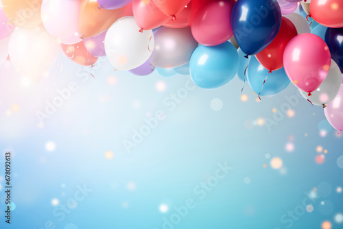 Multicolored balloons with helium on blue abstract background. Concept of happy birthday, new year, party, wedding, valentine's day, happiness, joy, festival, holiday promotion banner.