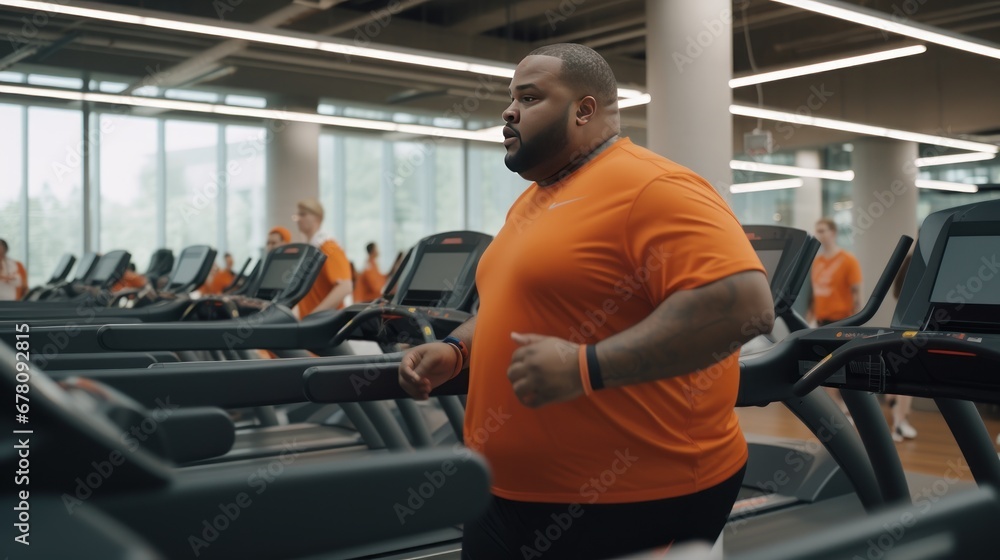 Overweight man during jogging workout on treadmill in sports club. Desire to get rid of fat and mass in adulthood. Hard work and exercise for chubby people - obrazy, fototapety, plakaty 
