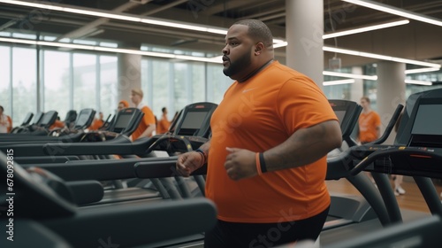 Overweight man during jogging workout on treadmill in sports club. Desire to get rid of fat and mass in adulthood. Hard work and exercise for chubby people photo