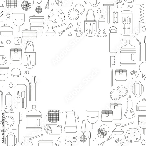 ecology and natural frame background. Zero waste lifestyle line art set. vector doodle illustration collection