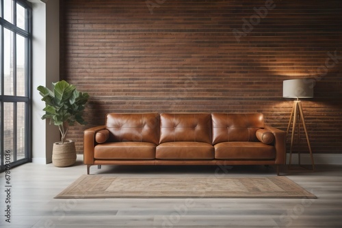 Brown leather sofa against tiled mosaic wall. Loft interior design of modern living room