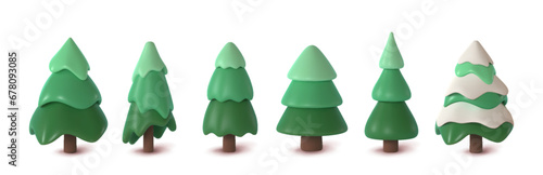 Collection abstract fir-trees isolated on white background. 3d Christmas trees, pine rendering vector illustration.