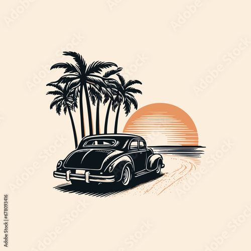 Artwork of retro tshirt graphic design flat design of retro vintage car on beach white Miami pastel colorful shades