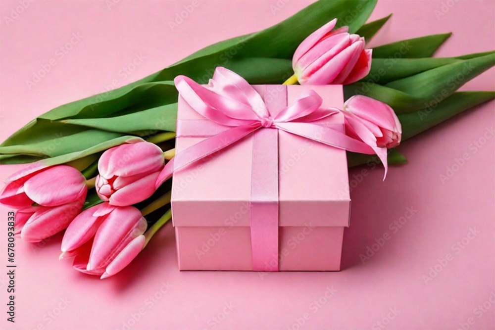 Pink tulips and a gift box with a satin ribbon bow on a pink background. Holiday template, banner for Valentine's Day, Mother's Day, Pink tulips and a gift box with a satin ribbon bow on a pink background. Holiday template, banner for Valentine's Day, Mother's Day,