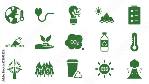 Icon collection with zero emissions esg symbol concept. greenhouse gas carbon credit design set. protect ecological green vector glyph. carbon net zero neutral natural. carbon footprint art pictogram