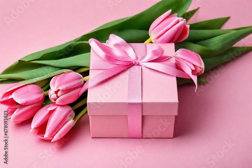 Pink tulips and a gift box with a satin ribbon bow on a pink background. Holiday template, banner for Valentine's Day, Mother's Day,