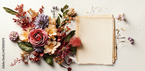 Beautiful paper sheets mockup with flowers bunch and petals  on white desk  top view. Vintage style
