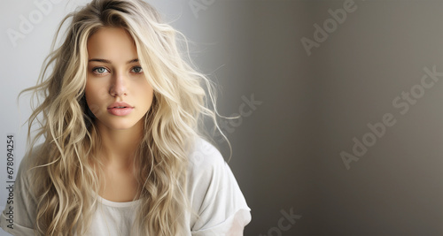 Portrait of young women with disheveled long blonde hair in white t-shirt at gray background