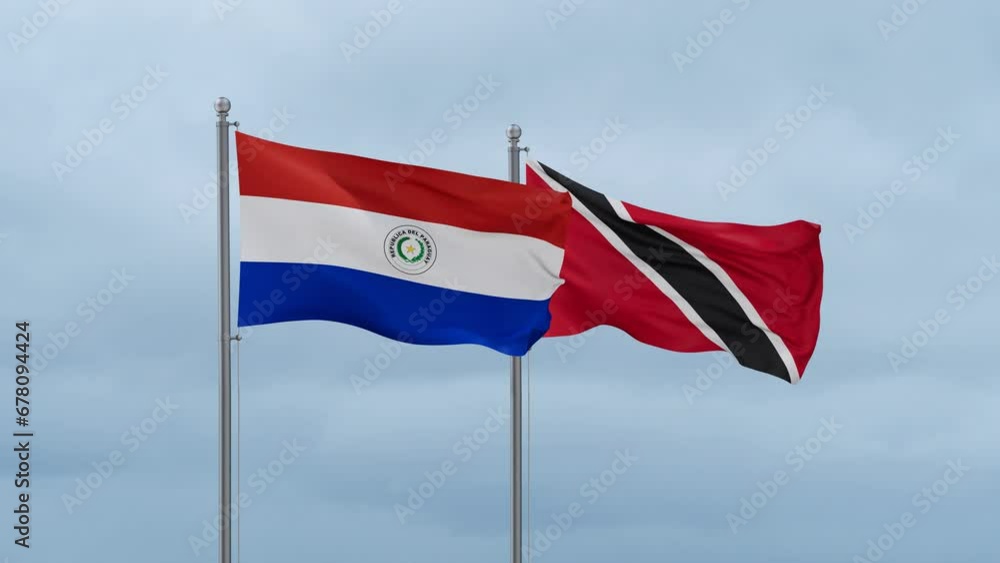 Trinidad and Tobago and Paraguay flag waving together on cloudy sky, endless seamless loop, two country cooperation concept Trinidad and Tobago and Paraguay flag waving together on cloudy sky, endless seamless loop, two country cooperation concept