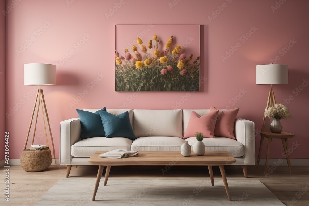 Fototapeta premium Field flowers in vase near wooden coffee table against pink wall background