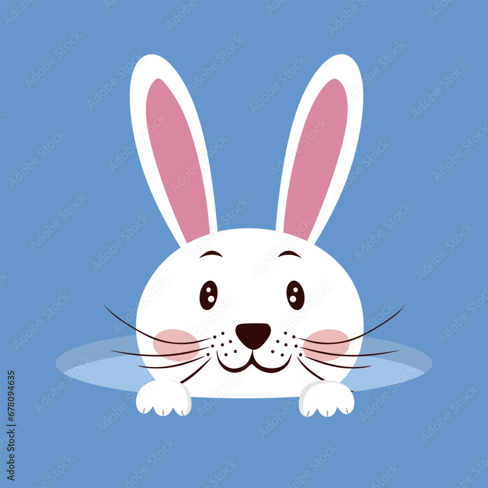 White Easter bunny. Happy easter background with beautiful rabbit isolated on blue background. Holiday design for greeting card, poster, brochure, cover. Rabbit character, flat vector illustration White Easter bunny. Happy easter background with beautiful rabbit isolated on blue background. Holiday design for greeting card, poster, brochure, cover. Rabbit character, flat vector illustration